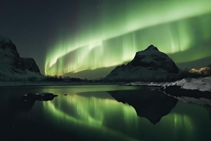 Aurora borealis on the Norway. Green northern lights above mountains ... Aurora borealis on the Norway. Green northern lights above mountains ...